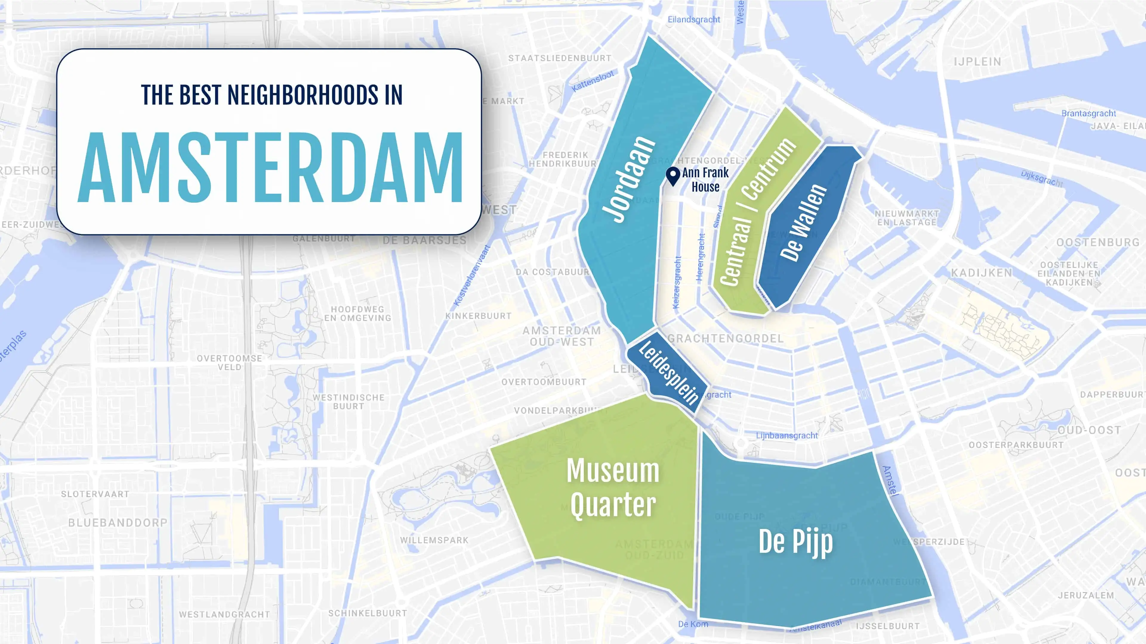 En färgstark karta över stadsdelarna i Amsterdam, Nederländerna