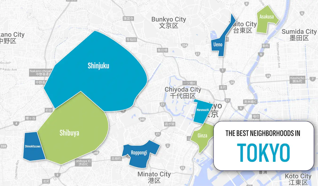 Una mappa che mostra i migliori quartieri in cui soggiornare a Tokyo, in Giappone