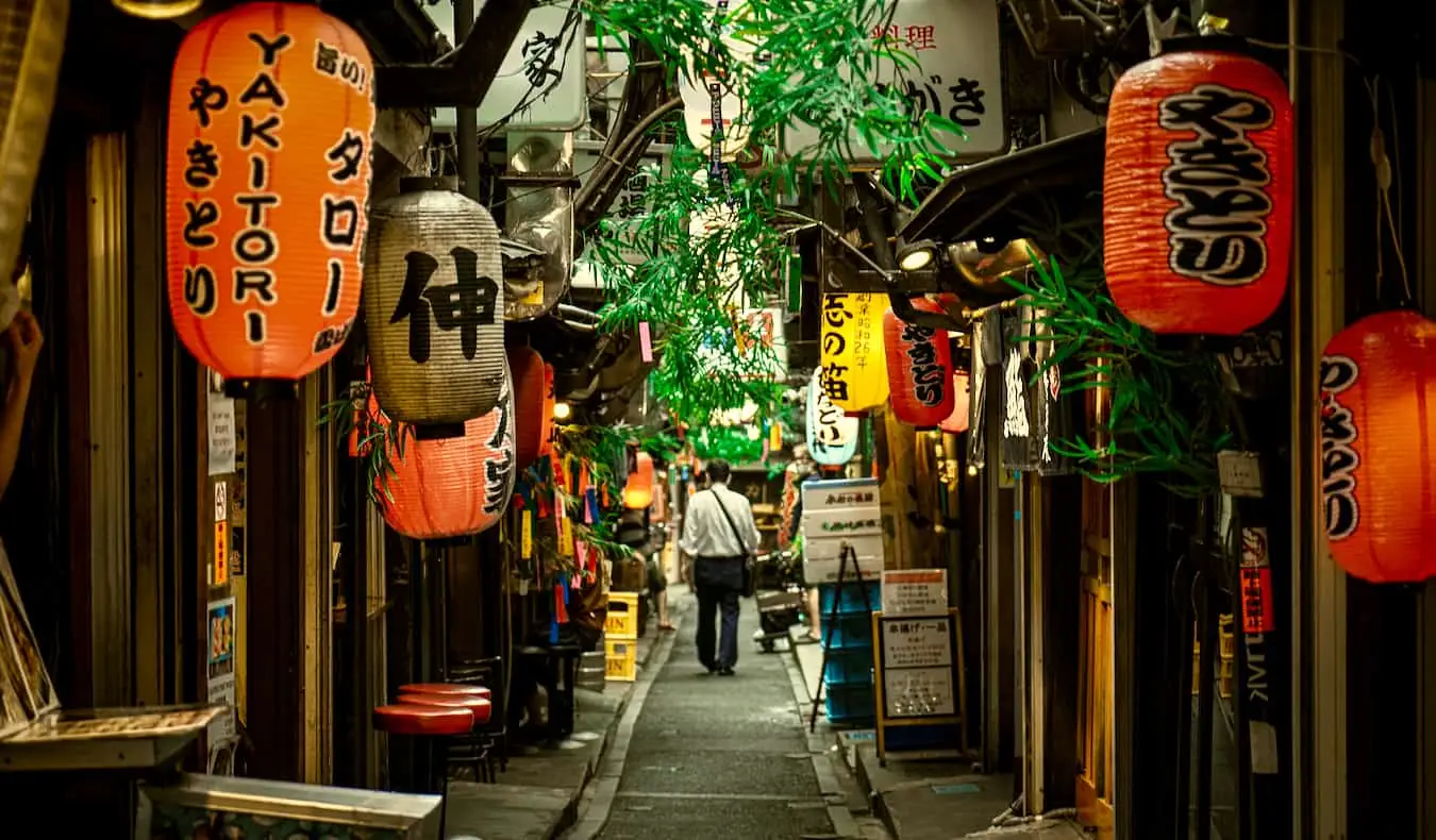 Un călător care explorează o alee slabă și îngustă din zona Shinjuku din Tokyo, Japonia