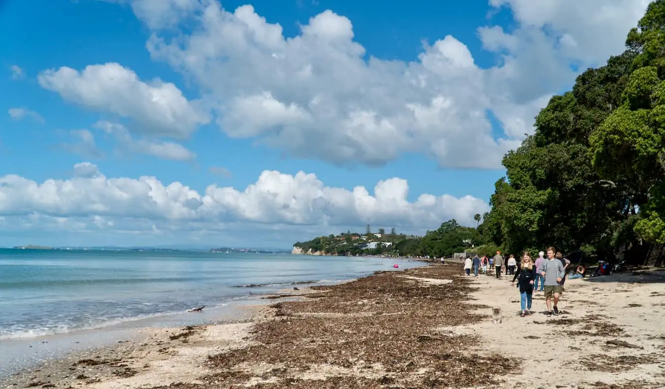 Mga taong naglalakad sa malawak na dalampasigan malapit sa Takapuna sa Auckland, New Zealand