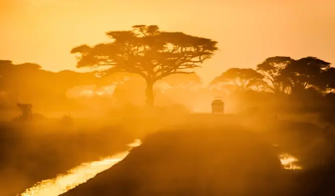 Un camino polvoriento en un safari africano durante una puesta de sol dorada y brillante