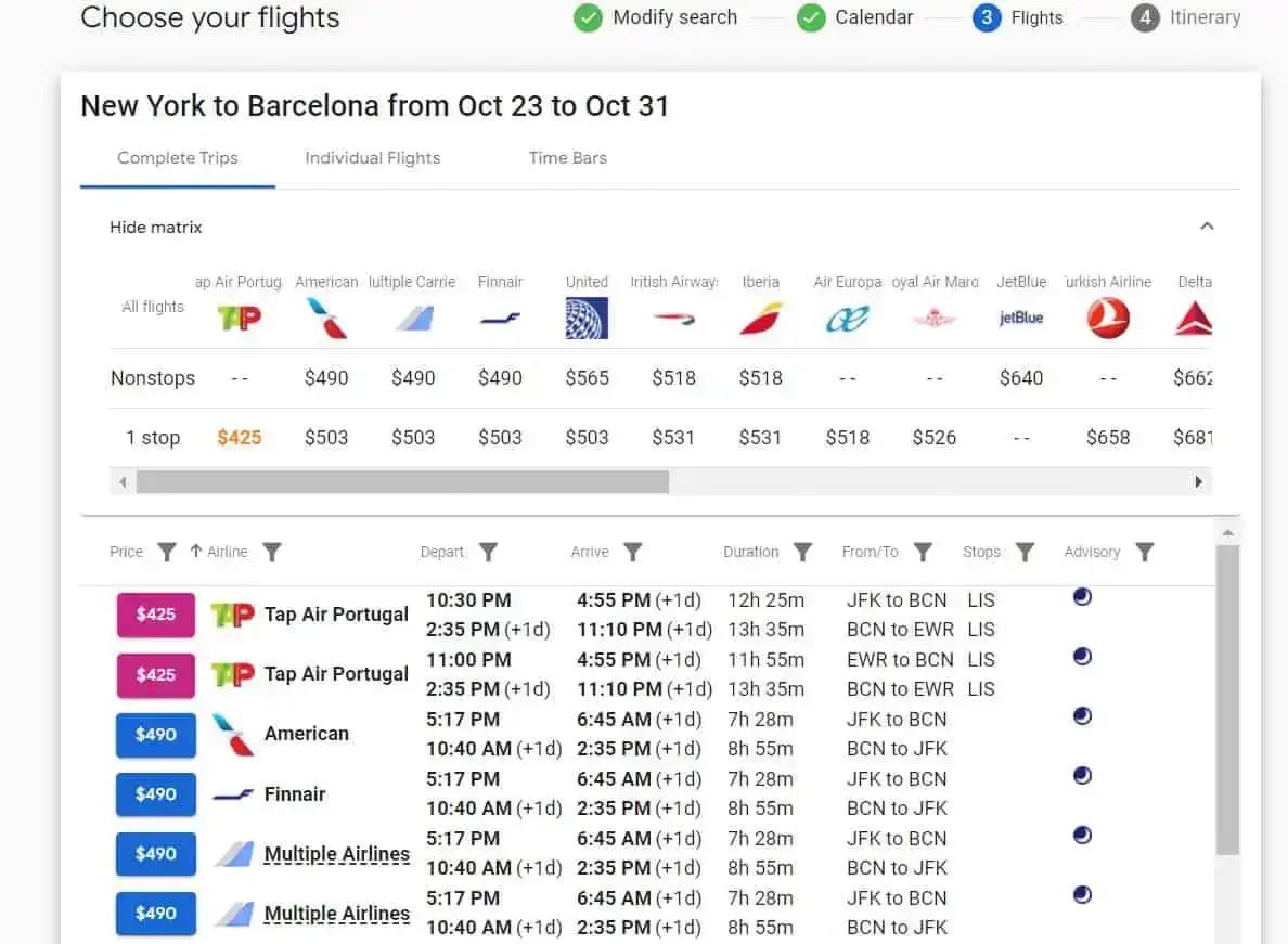 Schermafbeelding van een lijst met vluchten van NYC naar Barcelona op de ITA Matrix-website, met duur, prijzen en luchtvaartmaatschappijen.