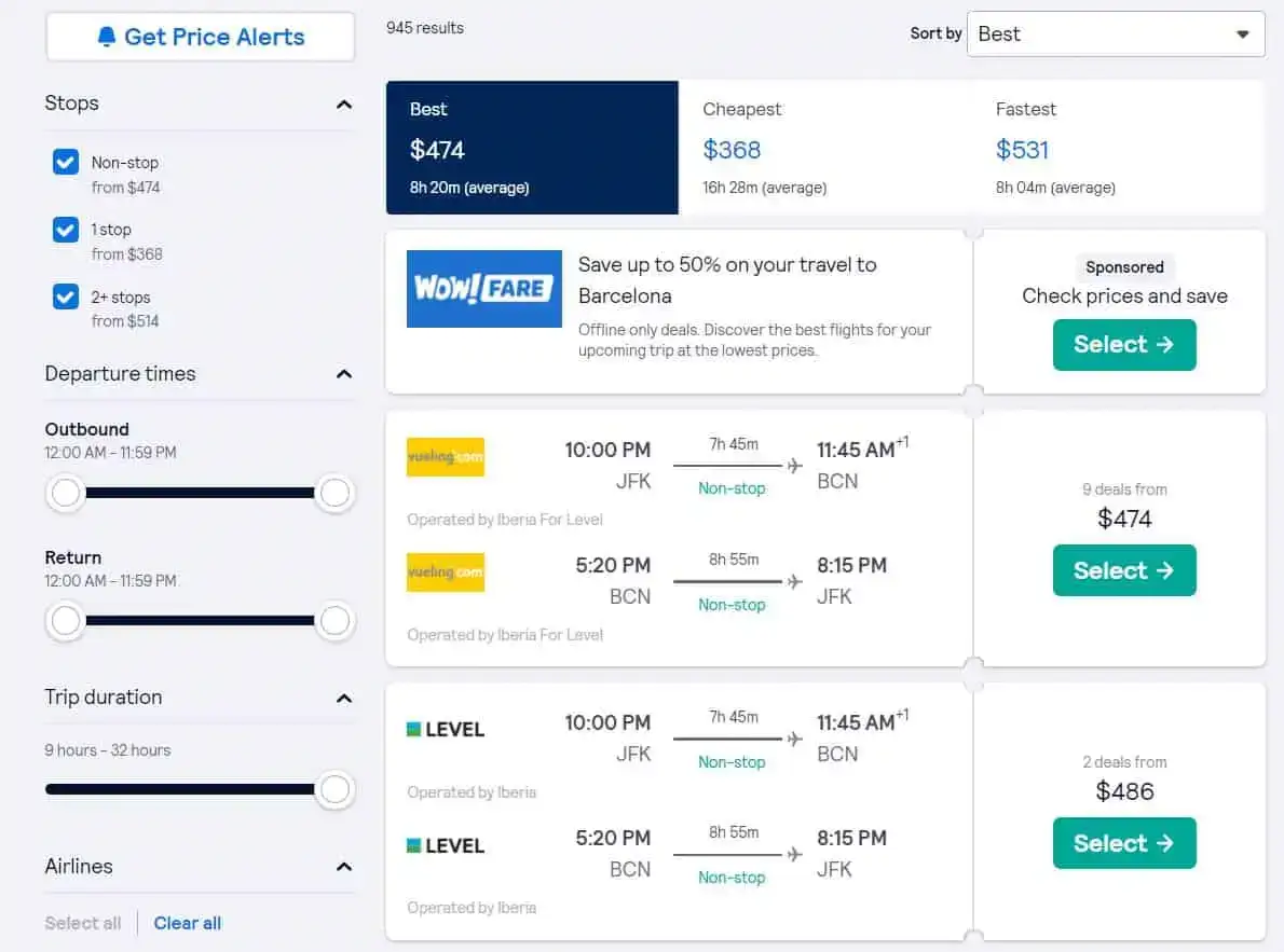 Skærmbillede fra Skyscanner, der søger efter fly fra New York til Barcelona, ​​med resultater fra LEVEL og Vueling.