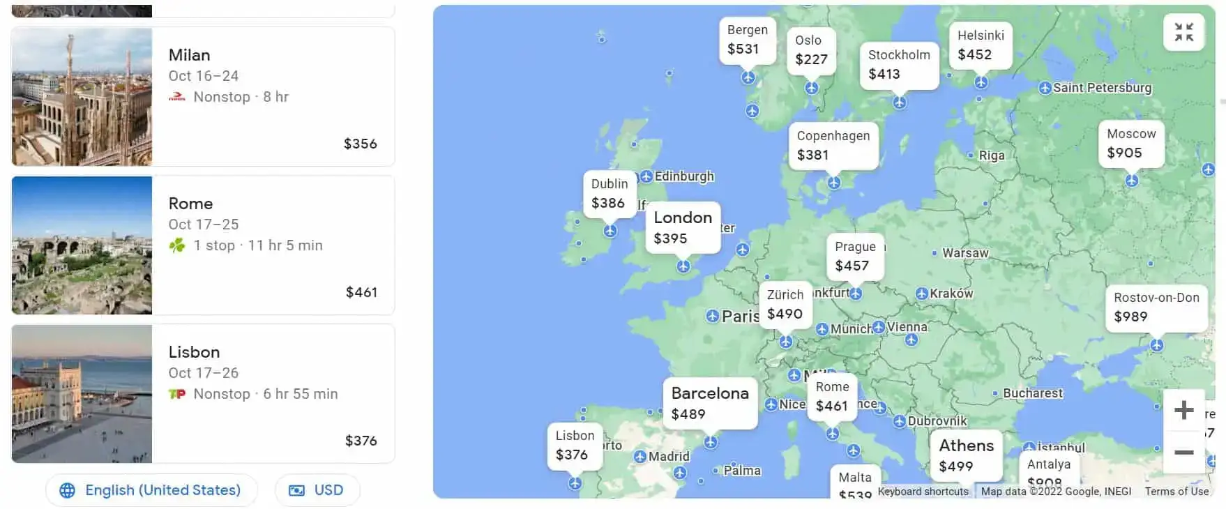 Snímek obrazovky vyhledávání letu z Google Flights, zobrazující mapu Evropy s cenami letenek.