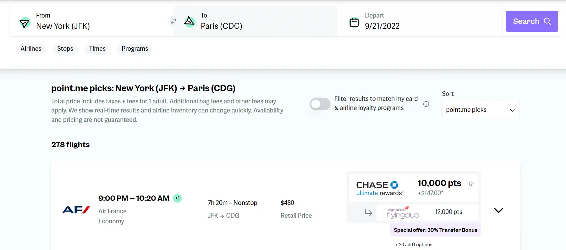 Dokončený výsledek vyhledávání z JFK do CDG, zobrazující nejlepší výsledek letu, let bez mezipřistání za 10 000 bodů a 147 USD.