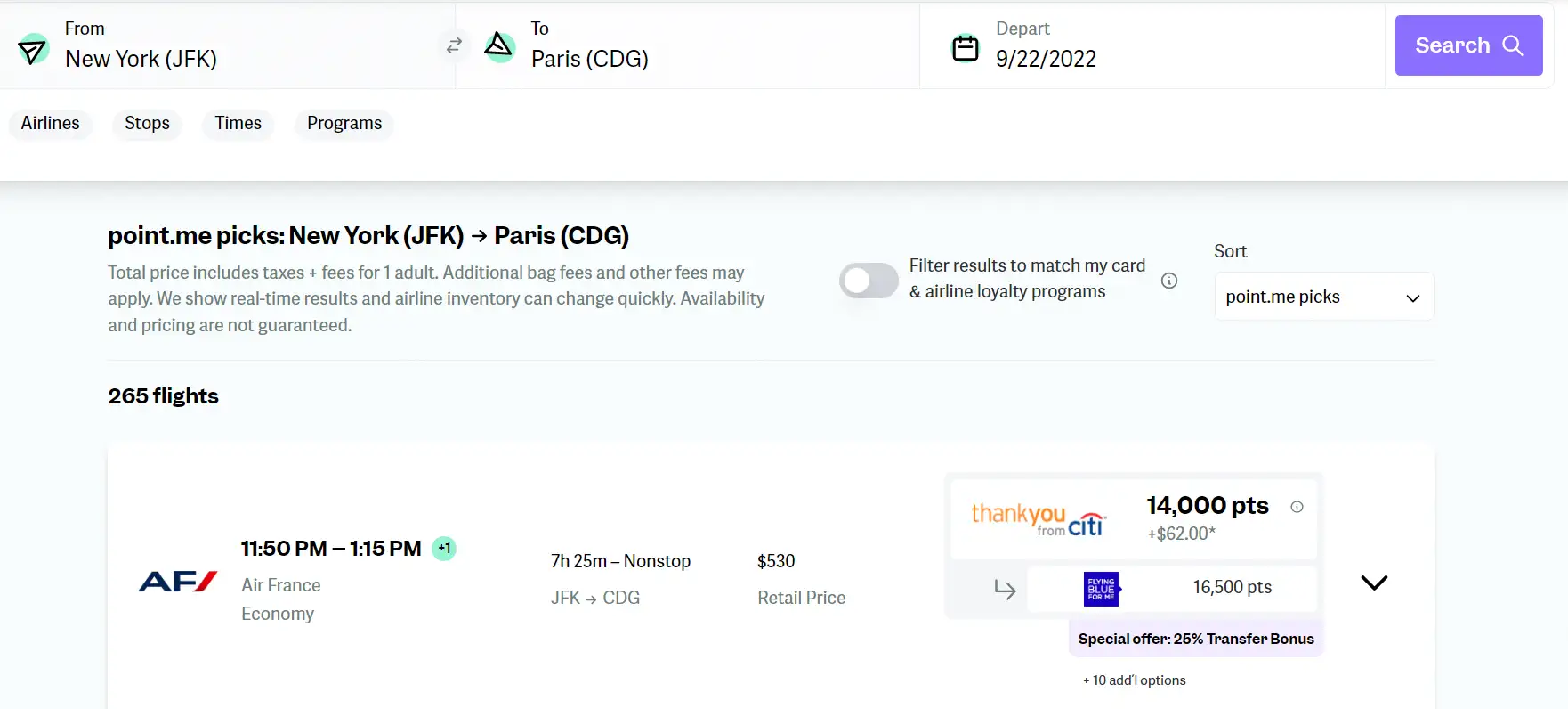 Resultado final da pesquisa de JFK para CDG, mostrando o resultado do voo principal, um voo direto por 14.000 pontos e US$ 62.