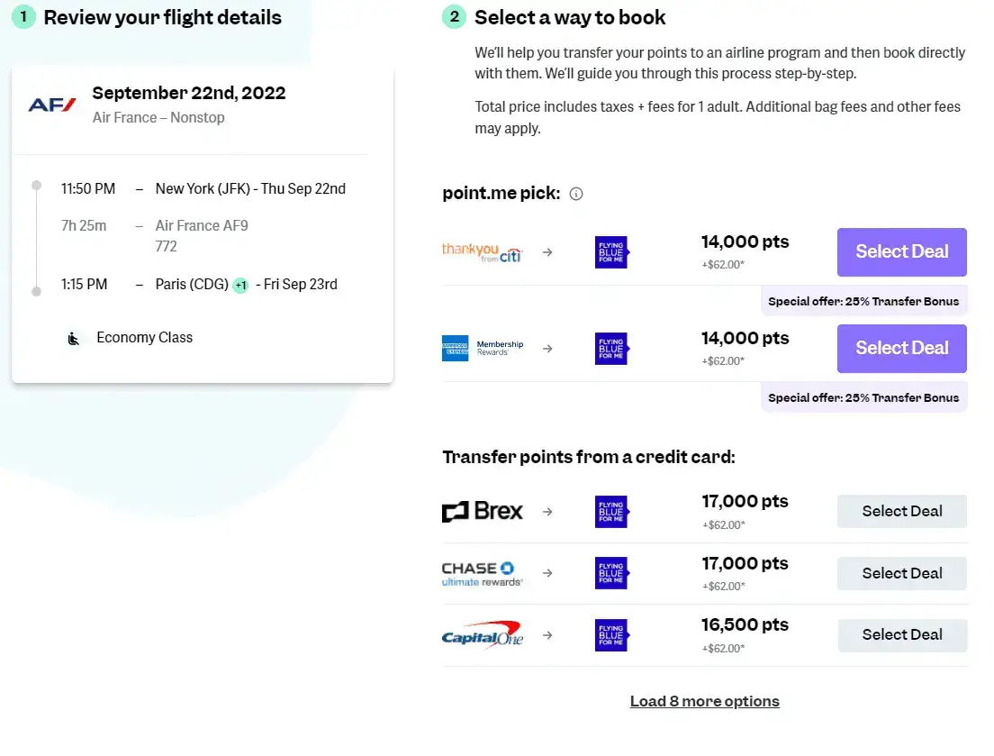 Detalles del vuelo de JFK a CDG y todos los diversos programas de recompensas que puede utilizar para reservar ese vuelo.