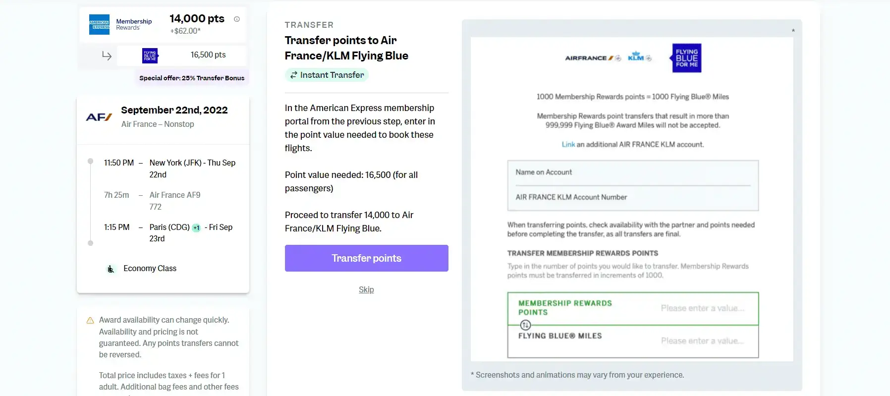 Captura de pantalla a point.me que mostra els detalls del vol i com transferir els punts de membres d'American Express a Flying Blue