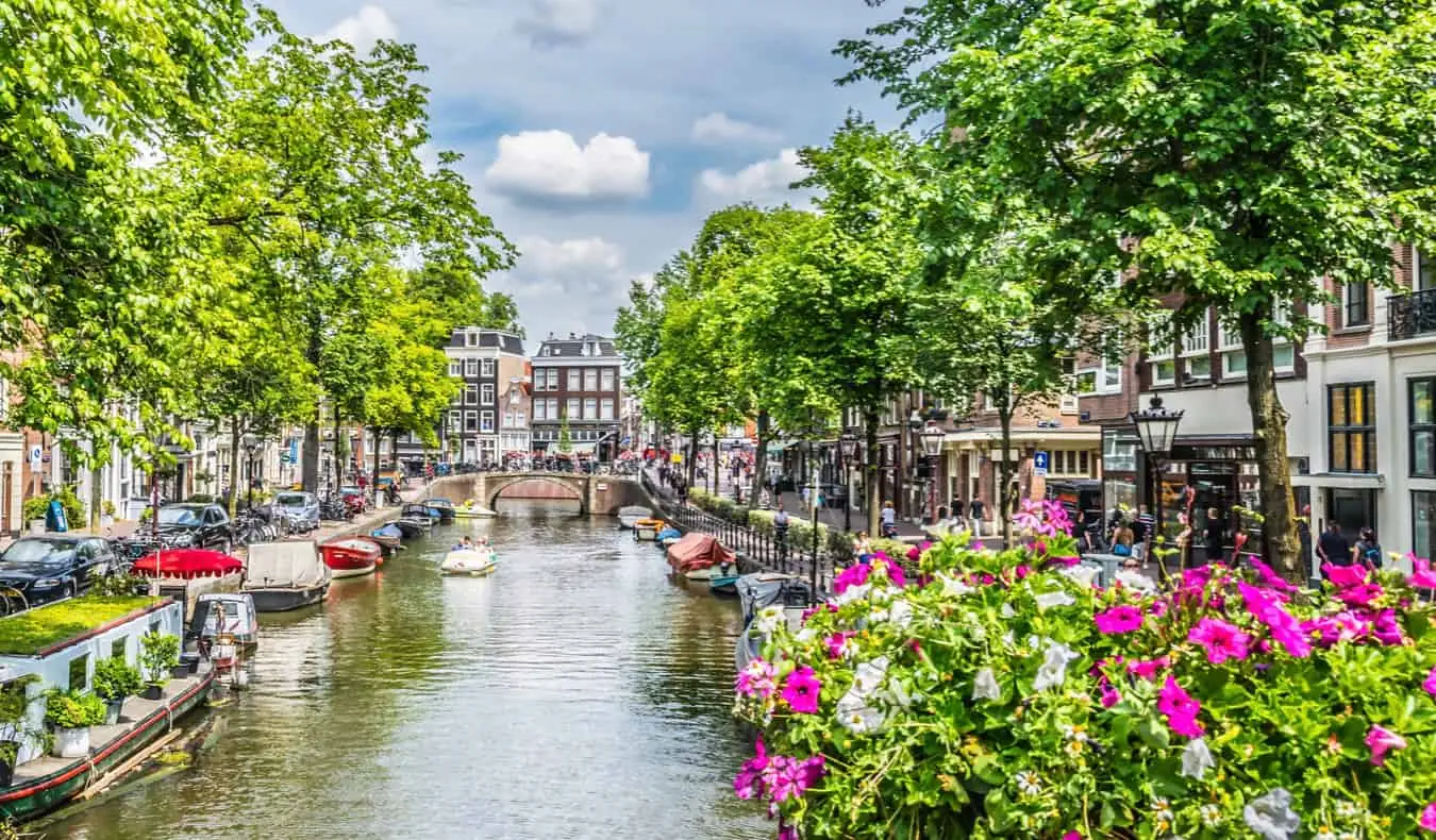 Einer der vielen historischen Kanäle in Amsterdam, umgeben von Blumen