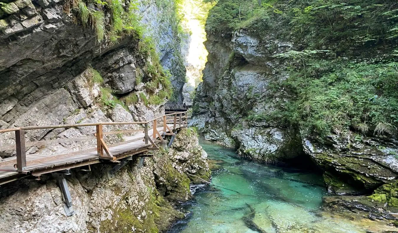 laluan kayu berjalan di sepanjang sungai yang jernih di Taman Negara Triglav di Slovenia