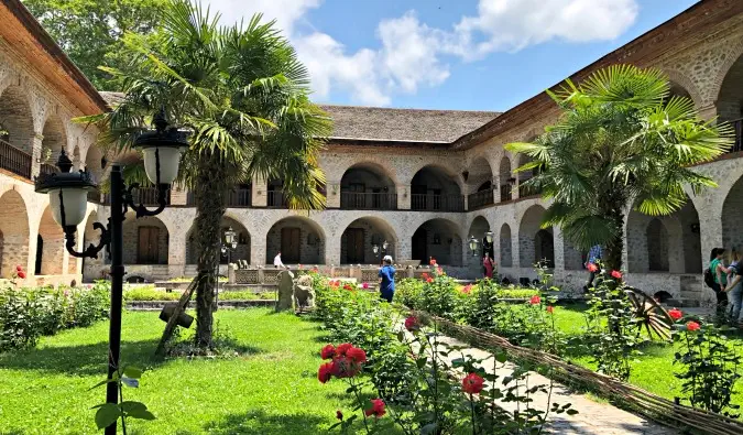 Un patio verde y verde en Azerbaiyán repleto de plantas y árboles.