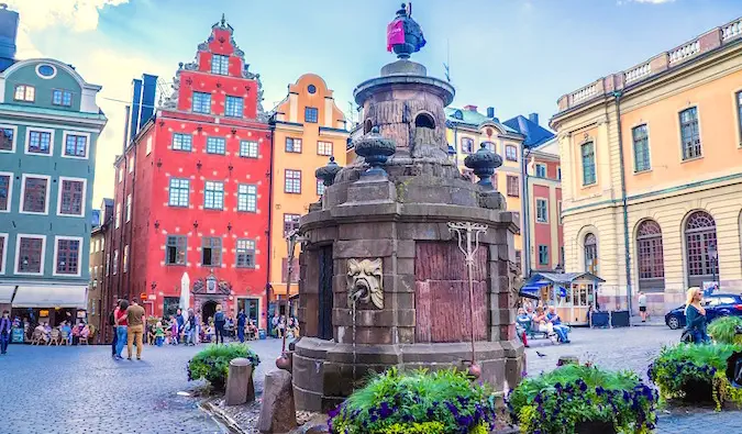 Gražūs seni pastatai Gamla Stan mieste, Stokholme, Švedijoje