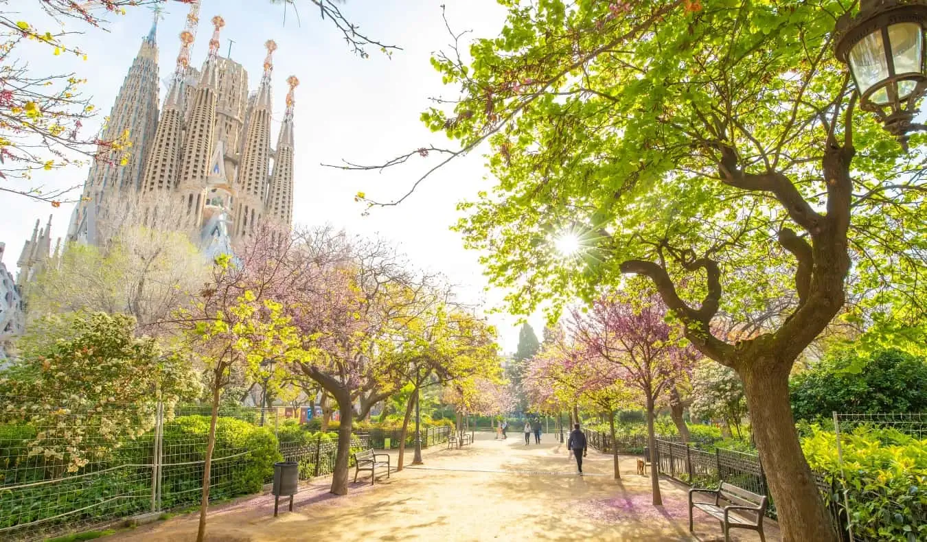 İlkbaharda bir parkta yürüyen insanlar, arka planda Sagrada Familia, Barselona, ​​İspanya