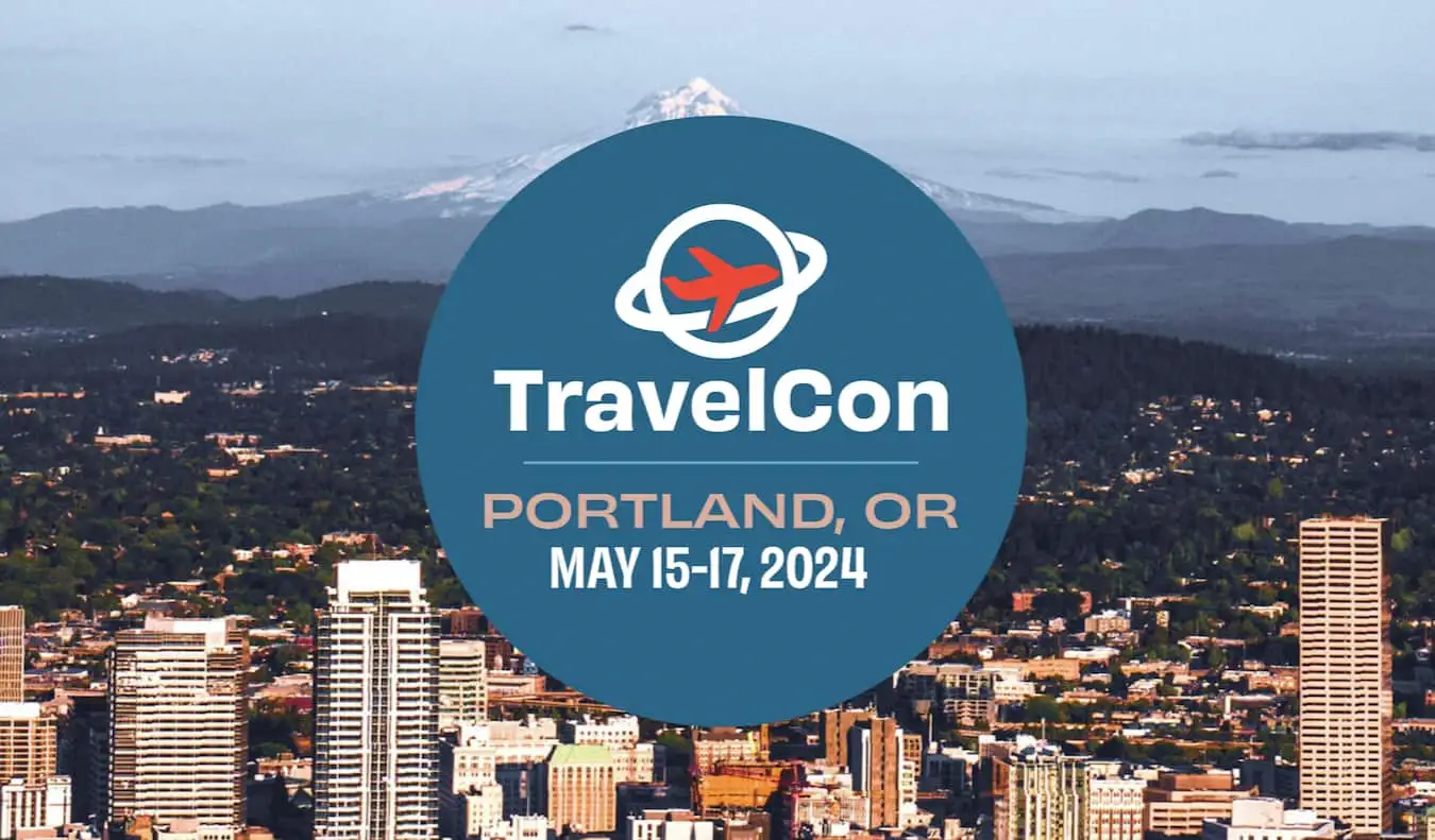 Zrzut ekranu strony głównej konferencji TravelCon 2024 w Portland w stanie Oregon