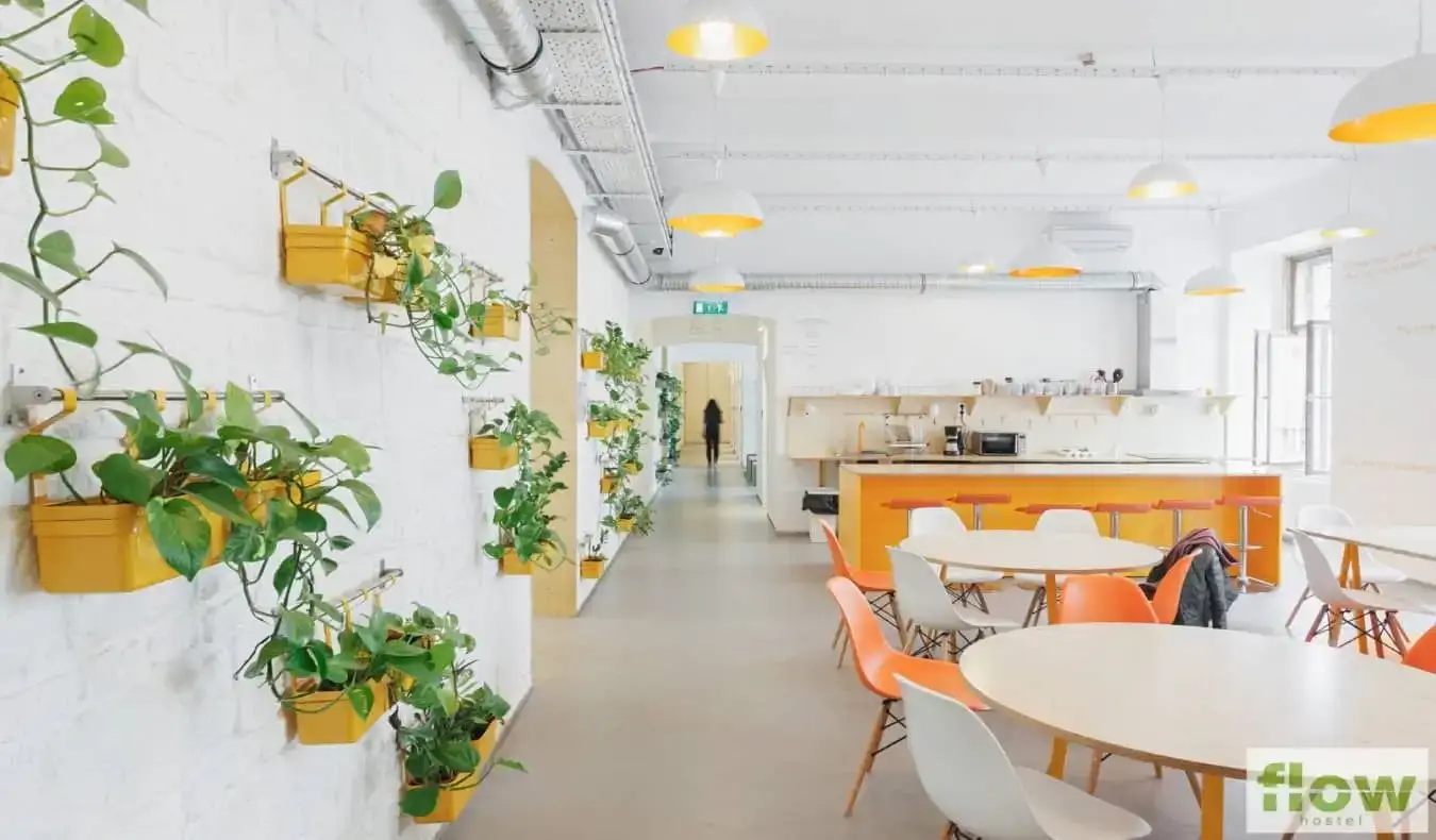 kafe dan dapur dengan meja oranye dan tanaman di dinding di Flow Spaces Hostel di Budapest