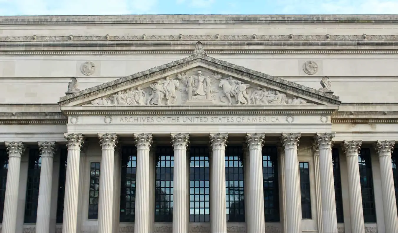 Utsidan av National Archives i Washington, DC