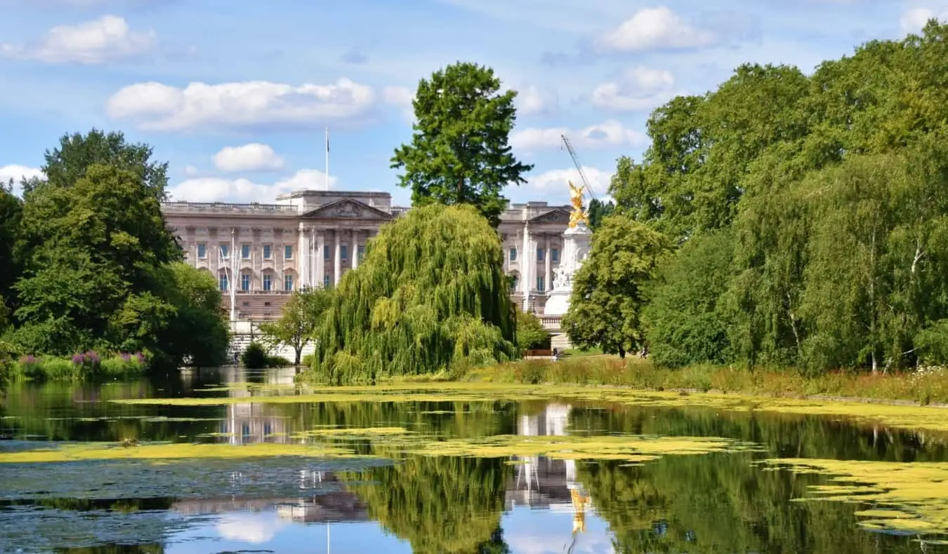 Pohled na Buckinghamský palác mezi stromy a za klidným rybníkem v St James Park v Londýně, Anglie