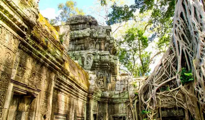 Et av de mange eldgamle templene omgitt av trær ved Angkor Wat i Kambodsja