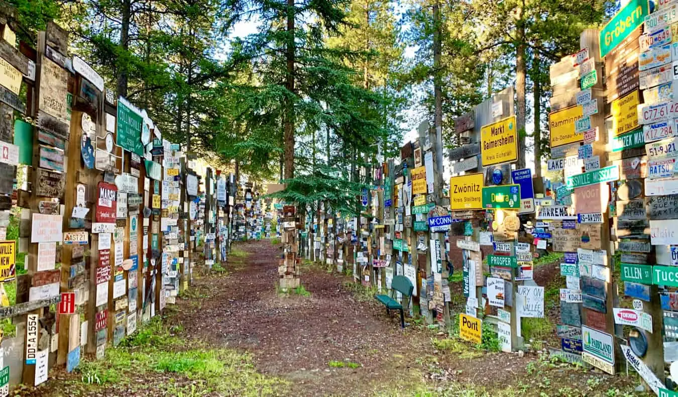 Letreros coloridos en el bosque Signpost en Yukon, Canadá