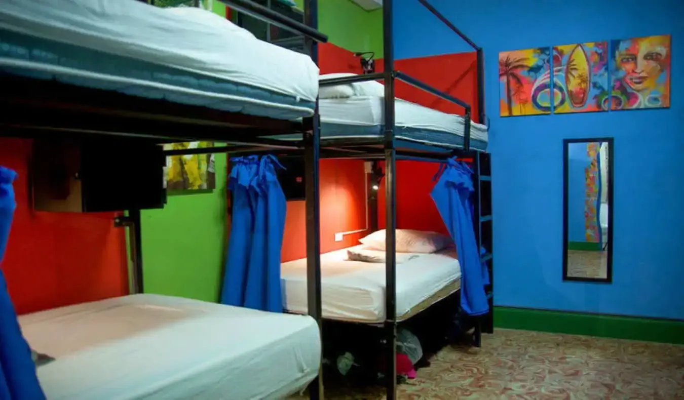 Køjesenge i et farverigt kollegieværelse på Mamallena Backpackers hostel i Panama City