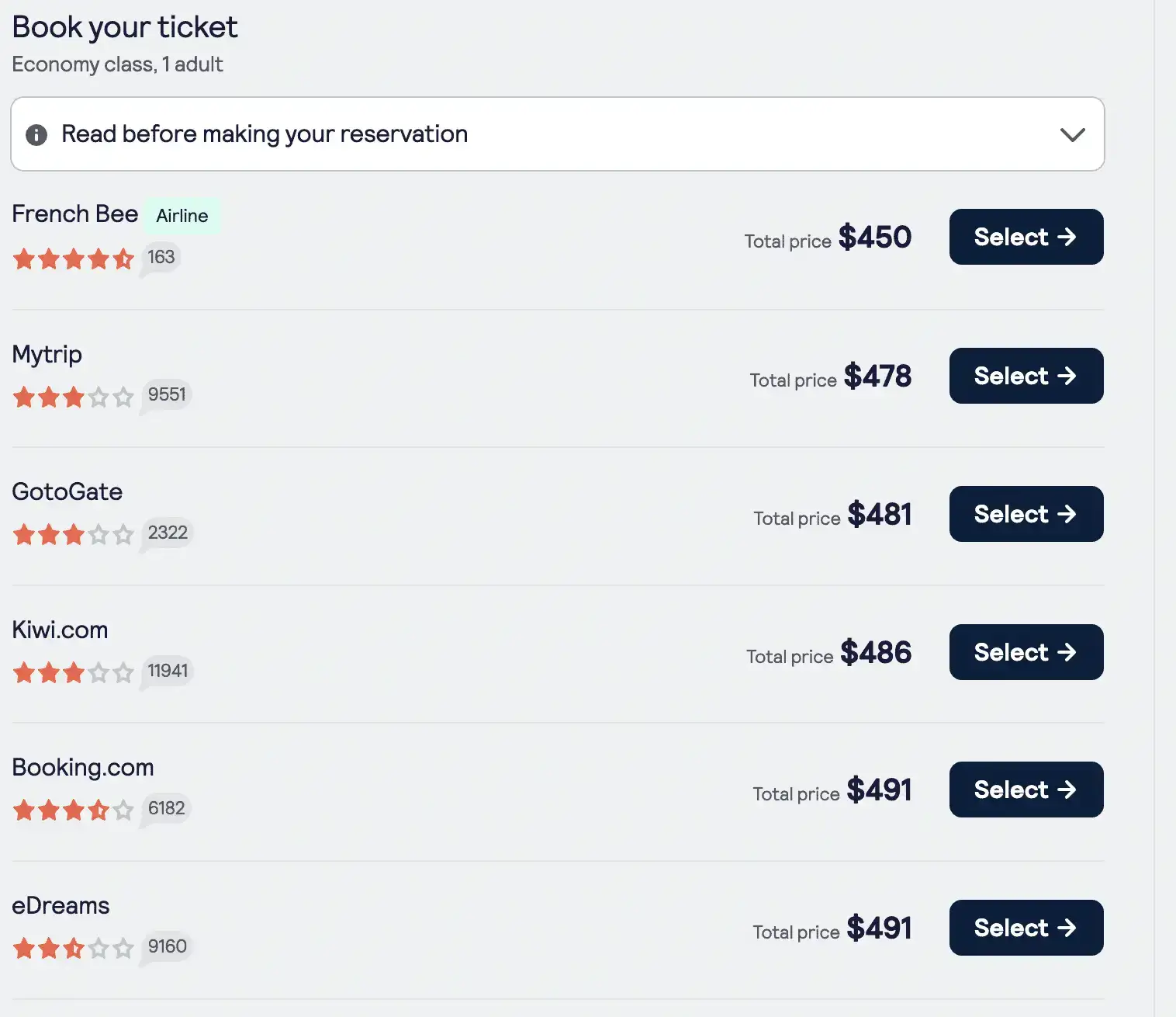 Resultados de búsqueda de vuelos baratos en el sitio web Skyscanner