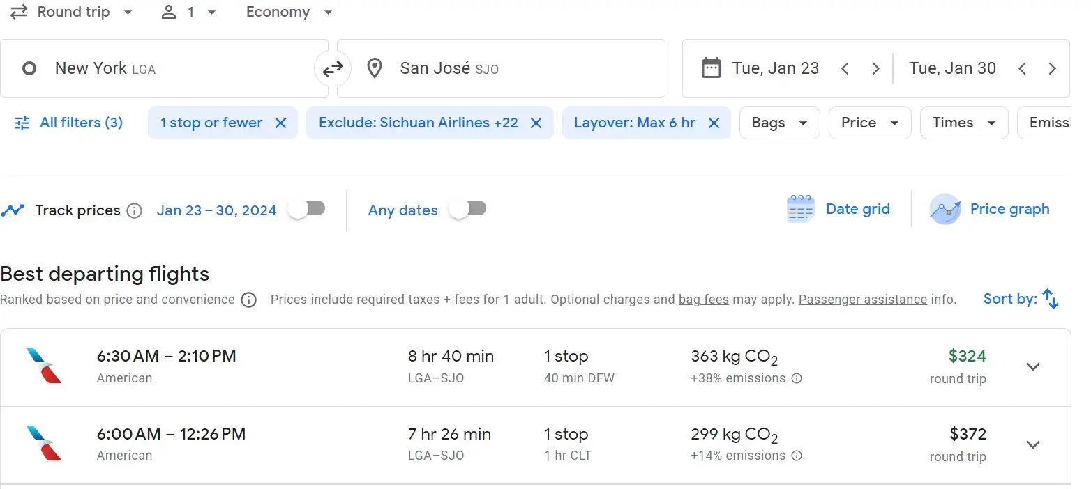 Ekrānuzņēmums no Google Flights ar jau izvēlētiem filtriem, lai parādītu lētu lidojumu no Ņujorkas uz Sanhosē, Kostarikā