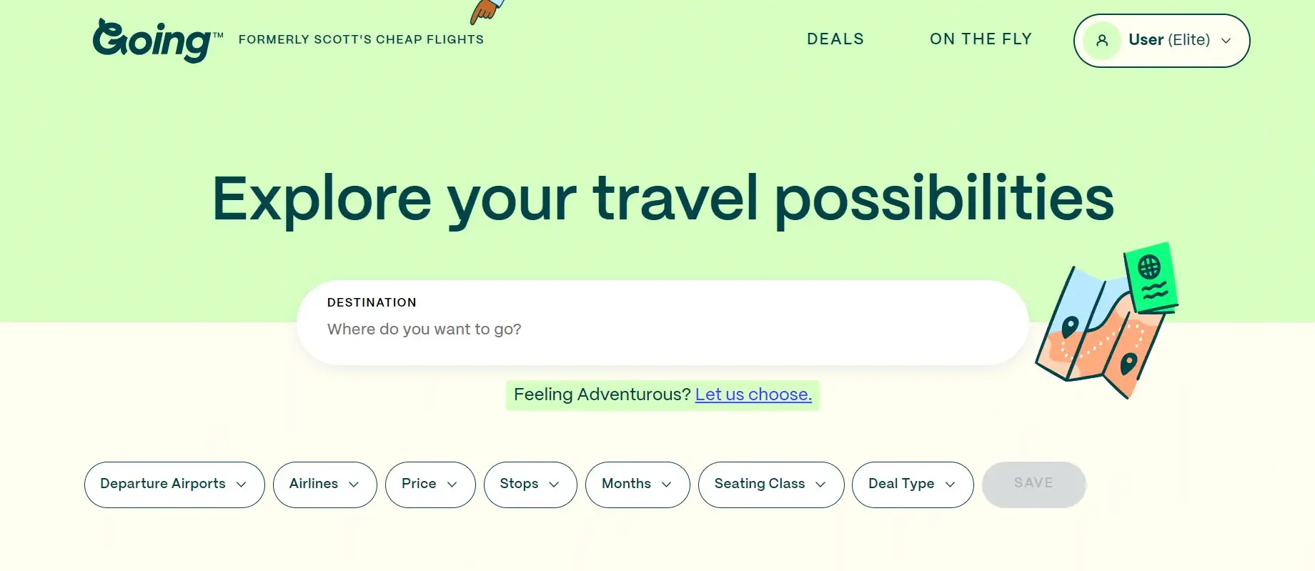 Going travel web sitesinden bir arama çubuğu ve seçilecek filtreleri gösteren ekran görüntüsü