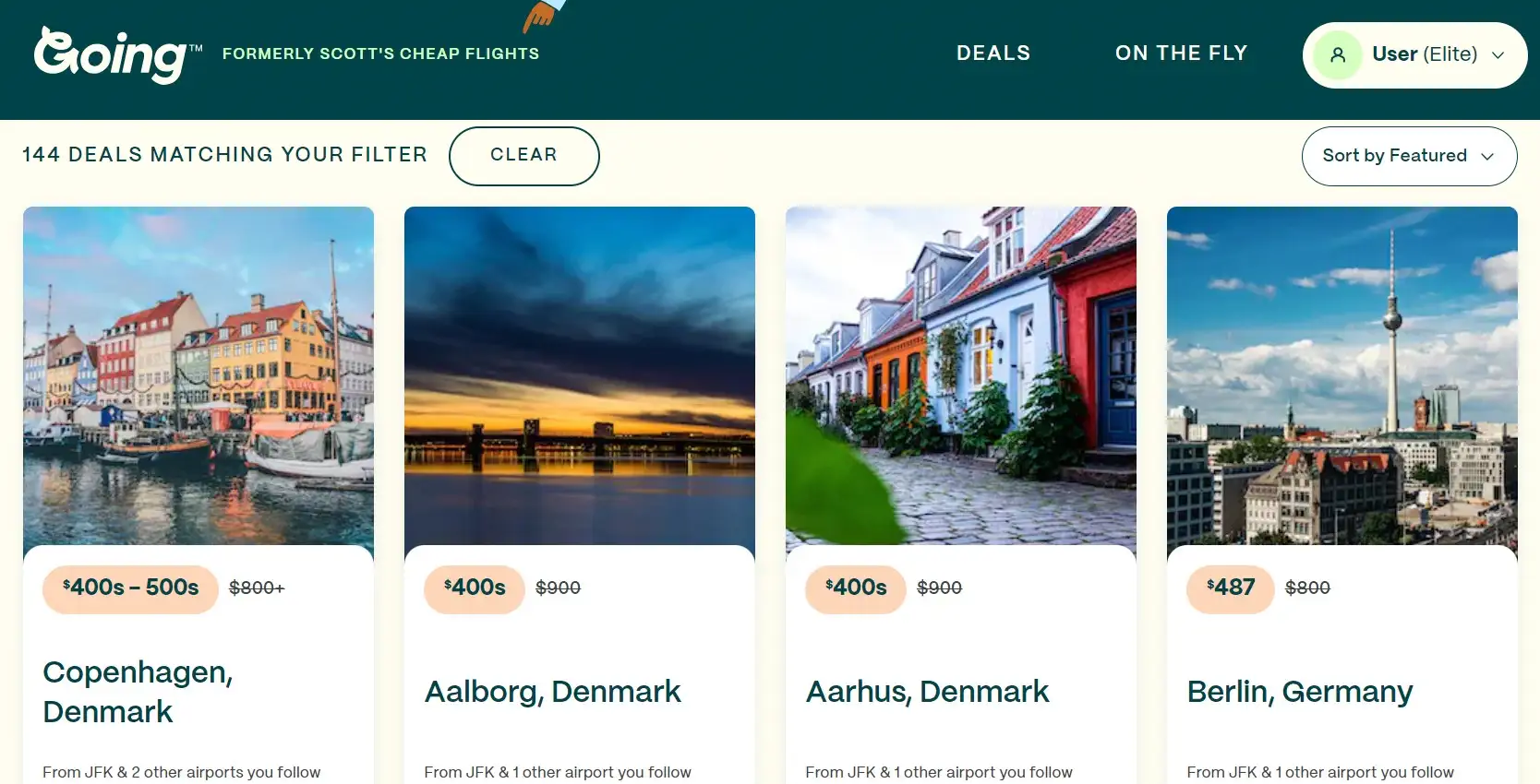 Elit üyelikteki 144 aktif ekonomi uçuş fırsatını gösteren Going travel web sitesinden ekran görüntüsü