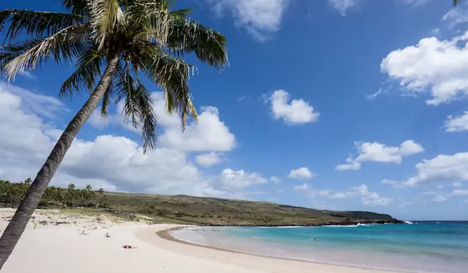 pantai terpencil di Pulau Easter, dengan pokok palma dan pasir putih