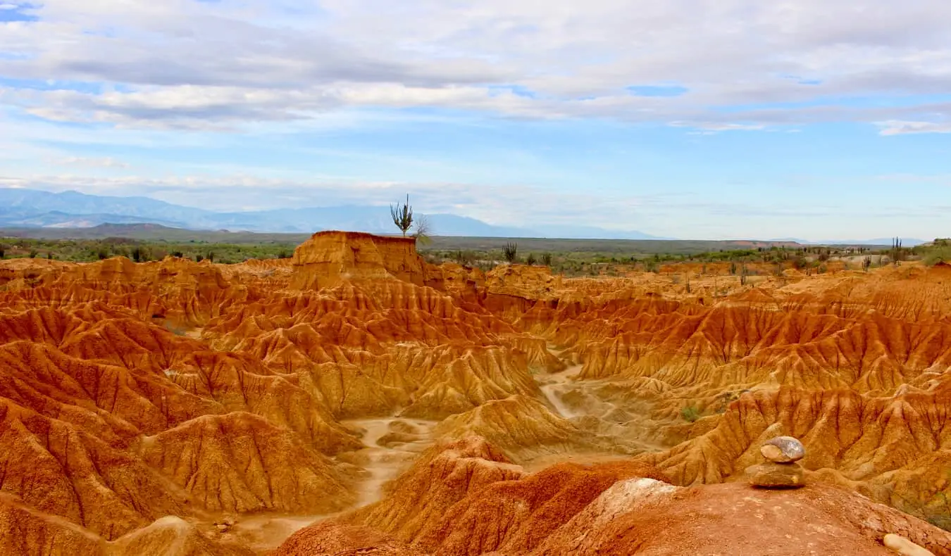 kaktus dan pasir merah terang di Gurun Tatacoa