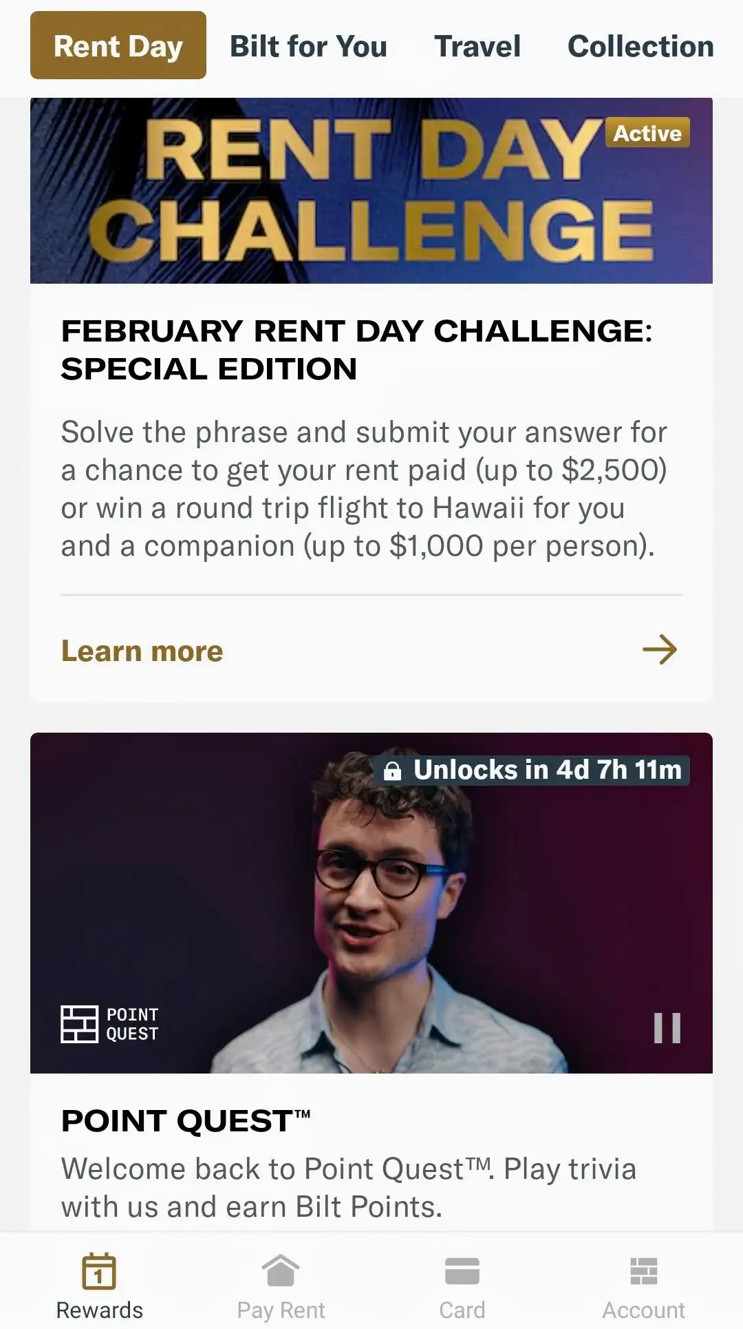 ภาพหน้าจอจากแอป Bilt ของ Rent Day Challenge