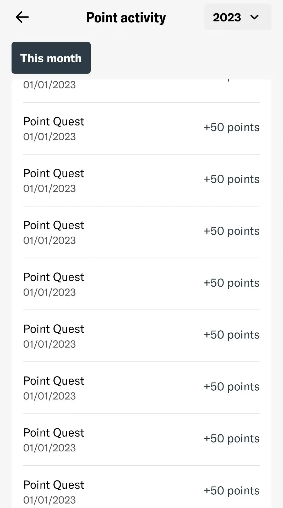 Screenshot dell'app Bilt che mostra i punti guadagnati da Point Quest