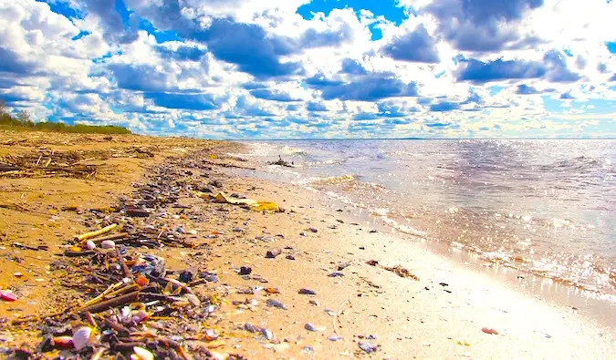 Massor av skräp och skräp längs en strand