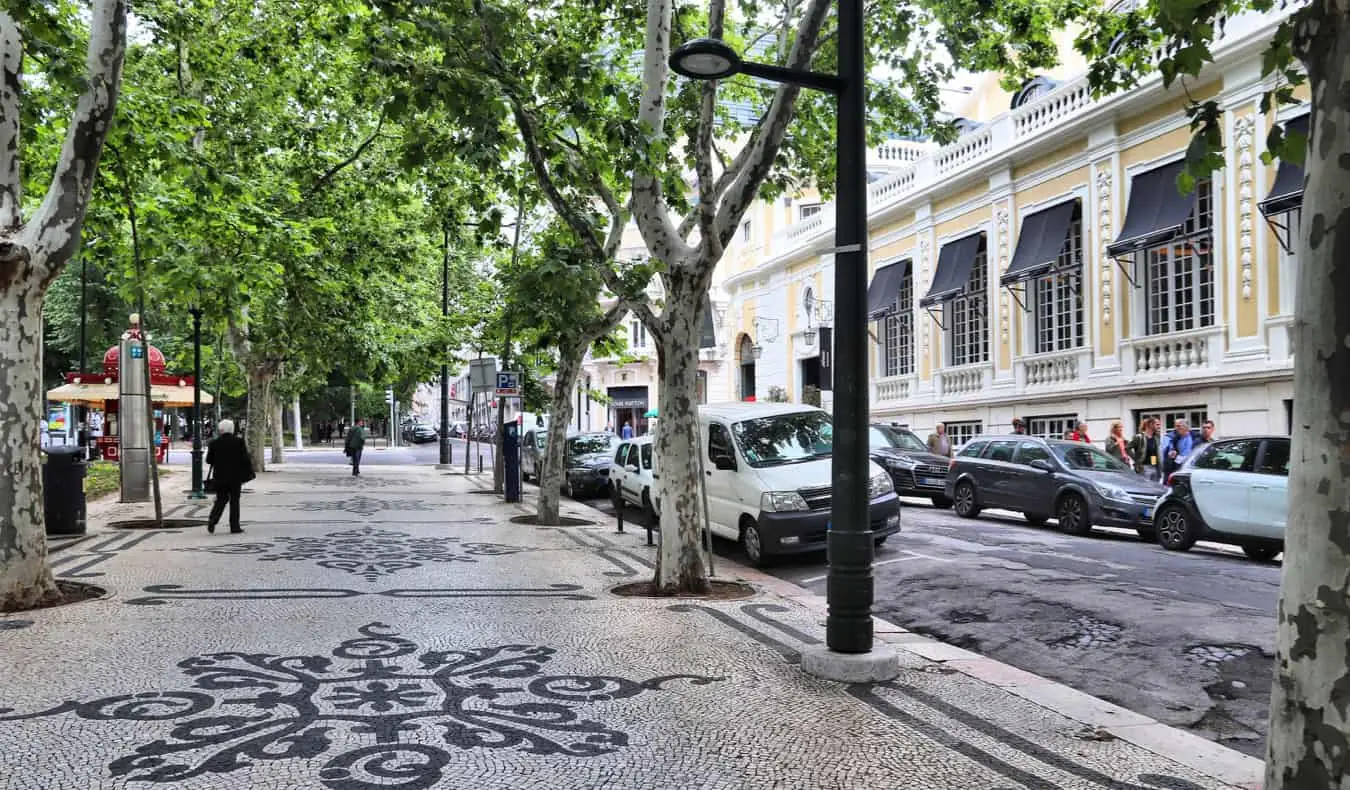 En bred, grå stengata kantad av träd i Lissabon, Portugal