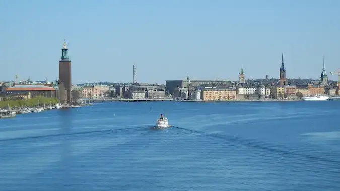 Pemandangan sungai kota Stockholm, Swedia