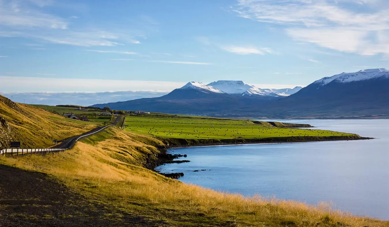 Vidsträckta fält nära Akureyri, Island