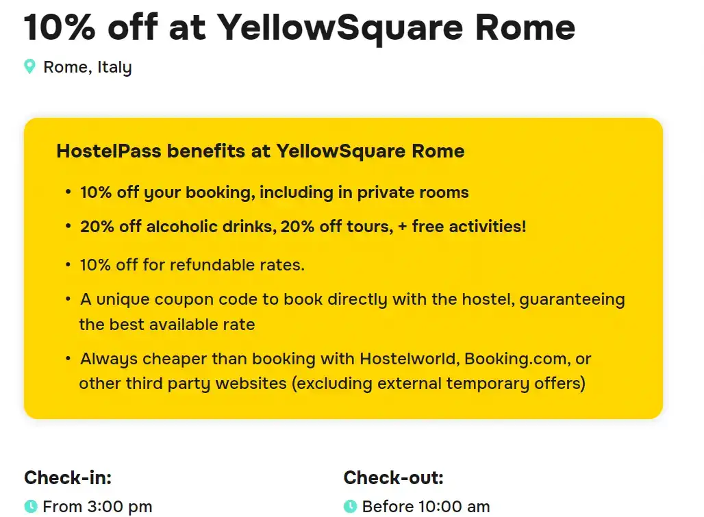 Kuvakaappaus HostelPassin verkkosivustolta, jossa on luettelo alennuksista, jotka voit saada varaamalla hostelli YellowSquare Rome HostelPassin kautta