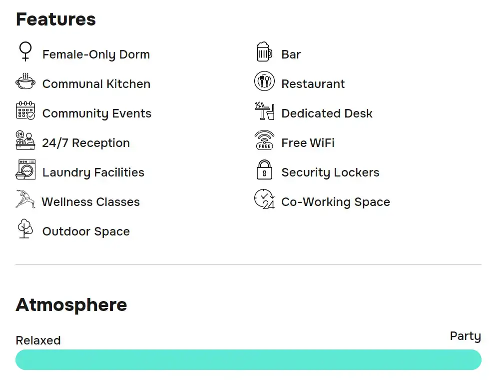 HostelPass 网站的屏幕截图显示了罗马 YellowSquare 旅馆的设施列表