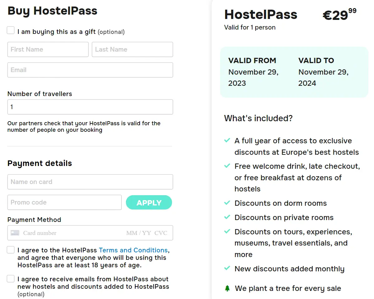 Halaman pembelian untuk HostelPass