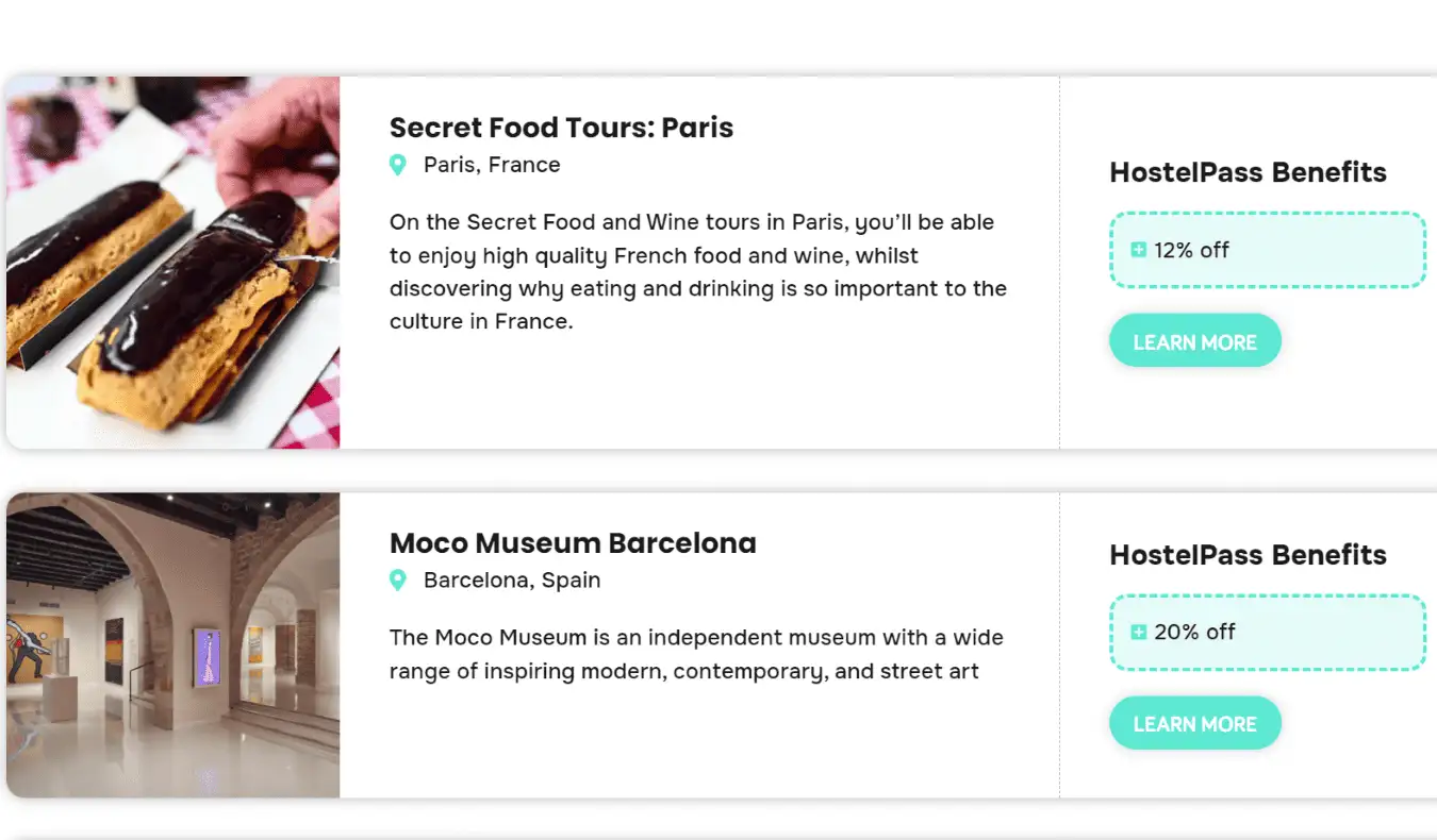 Capture d'écran du site HostelPass montrant les réductions disponibles pour une visite gastronomique à Paris et un musée à Barcelone