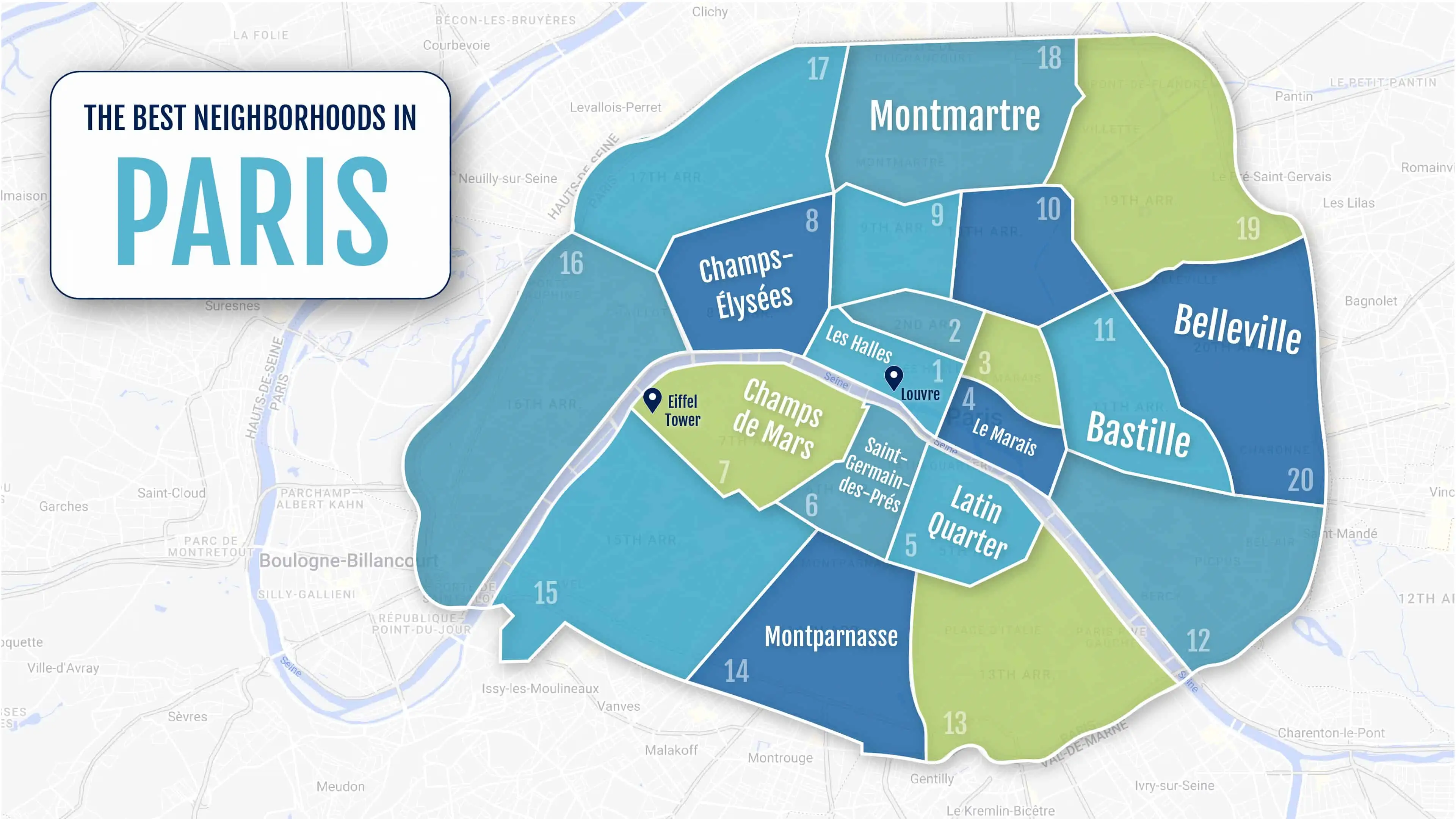 Un colorit mapa dels barris de París, França