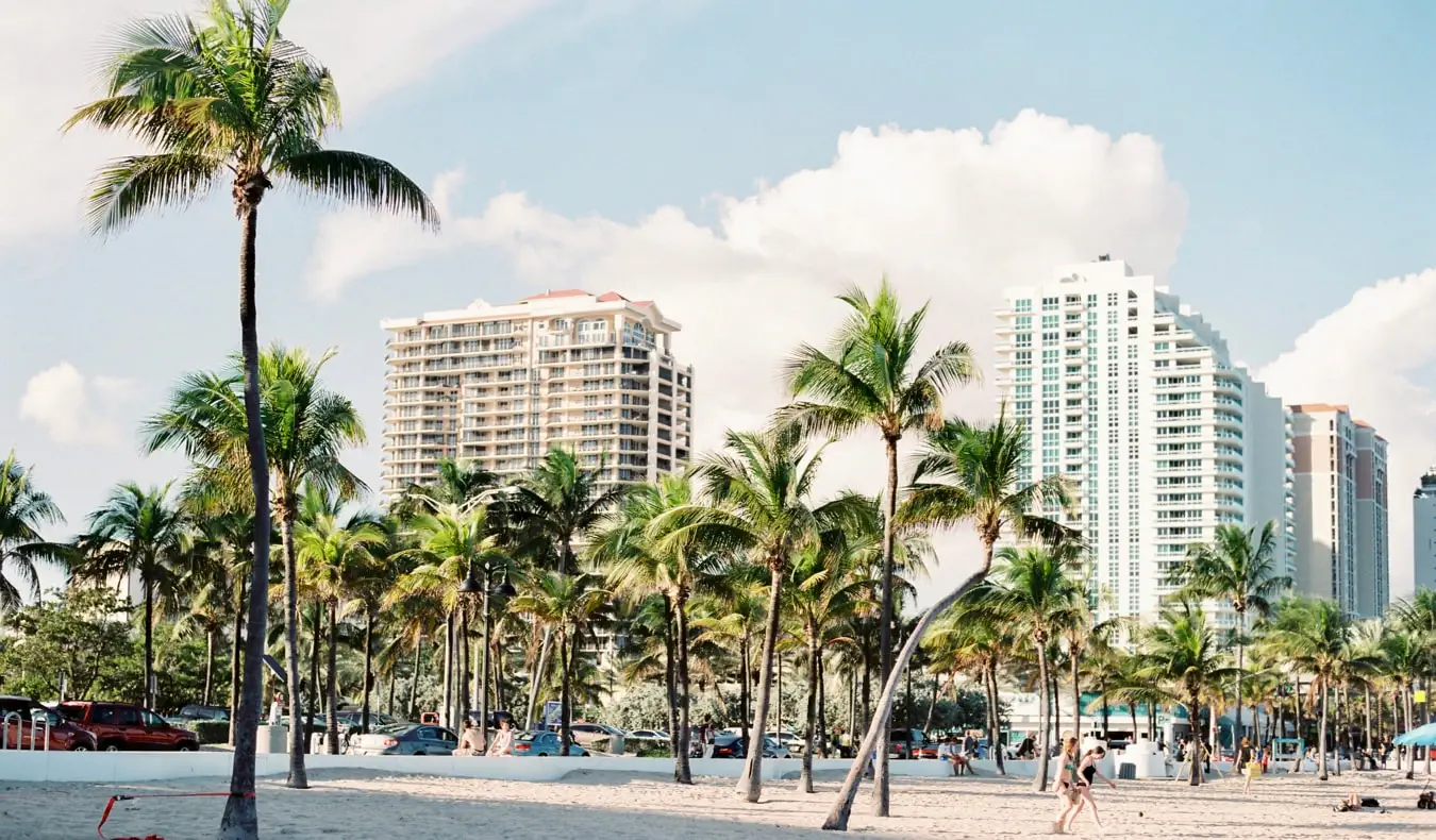 Plajele de nisip din însorita Miami, Florida, cu o mulțime de palmieri