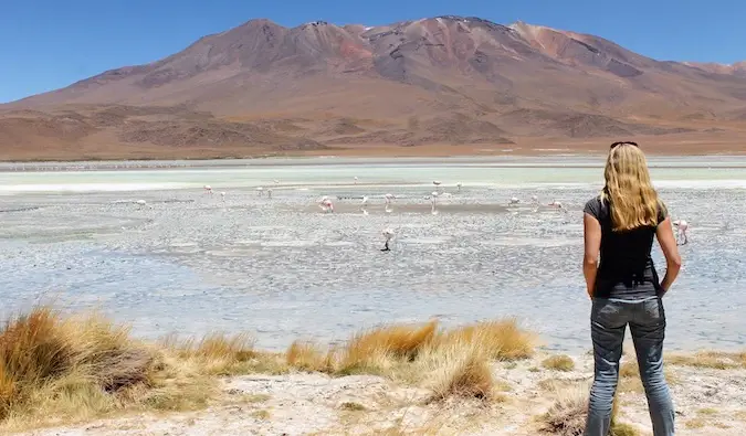 Mujer mirando a lo lejos en el desierto con flamencos.