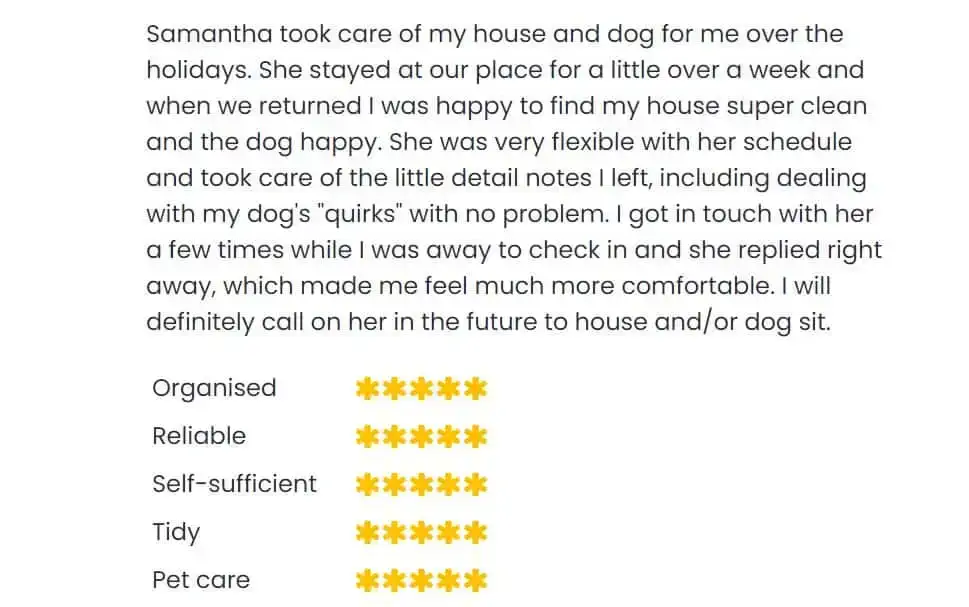 Príklad recenzie Trusted Housesitters