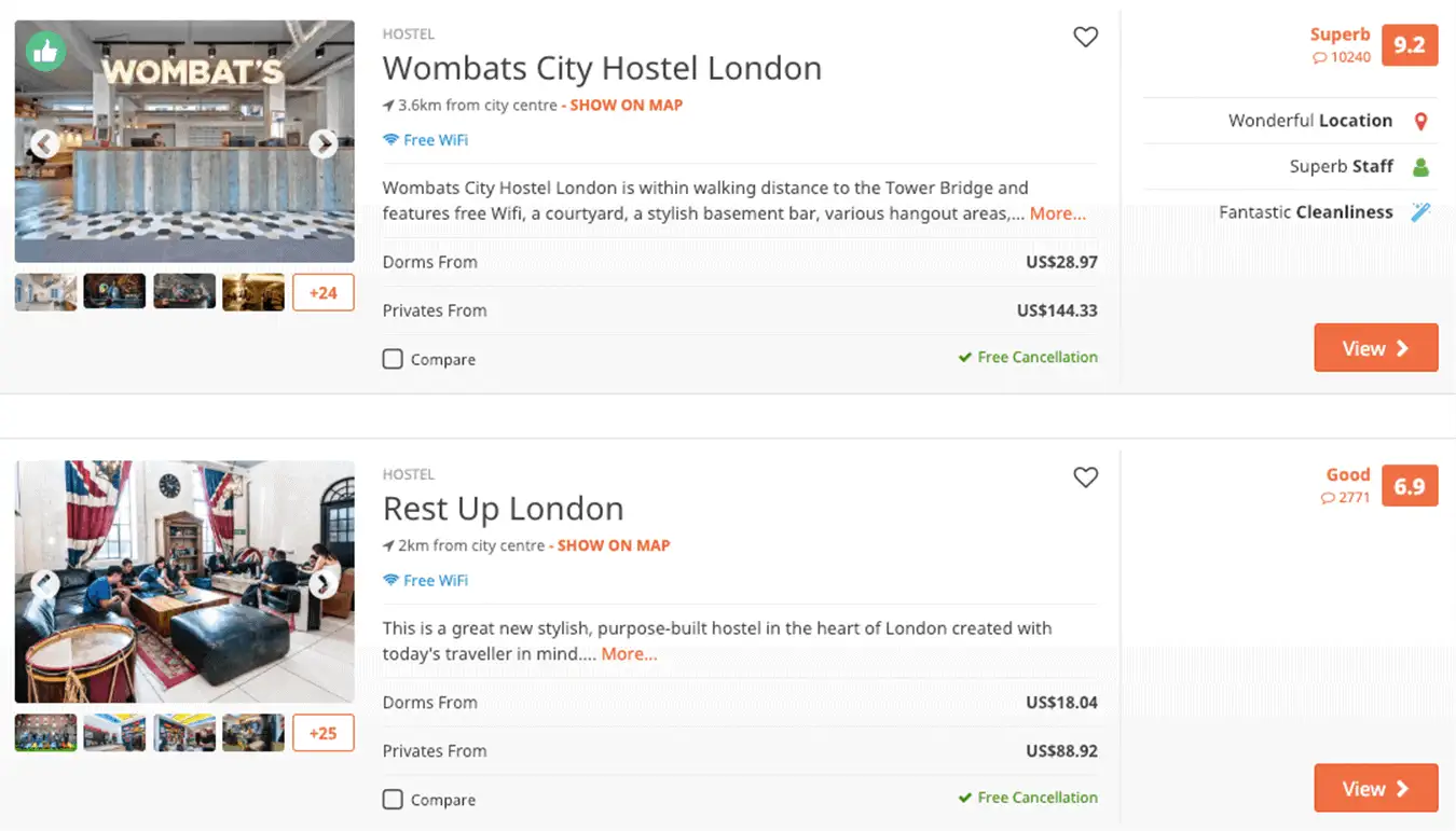 mga listahan ng paghahanap ng hostel para sa London, England