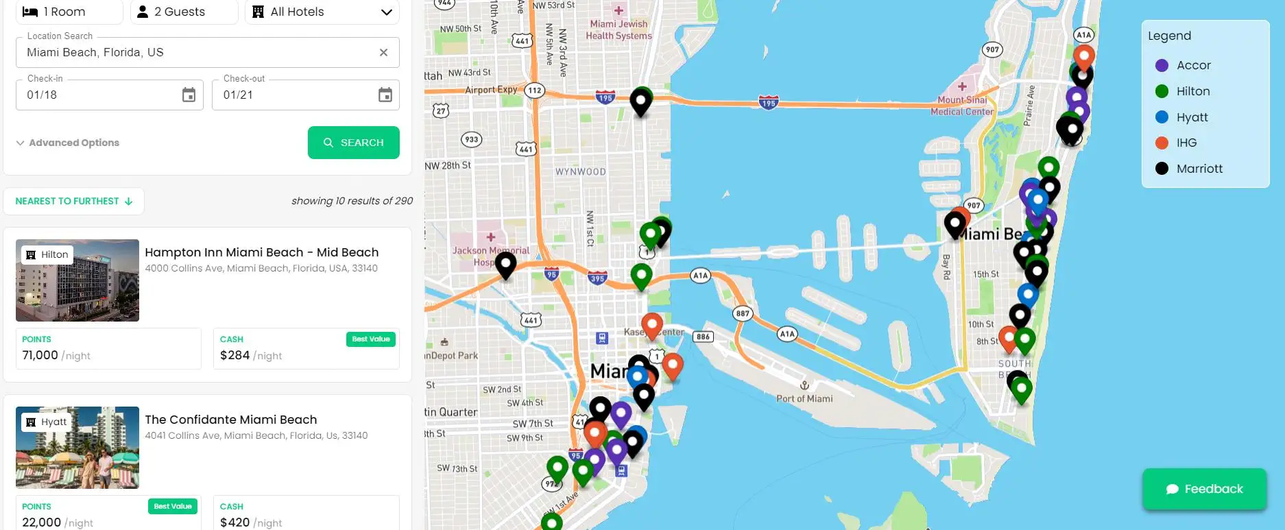 Sök efter hotell på Awayz webbplats och visa olika färgade nålar av tillgängliga hotell på en karta över Miami, Florida