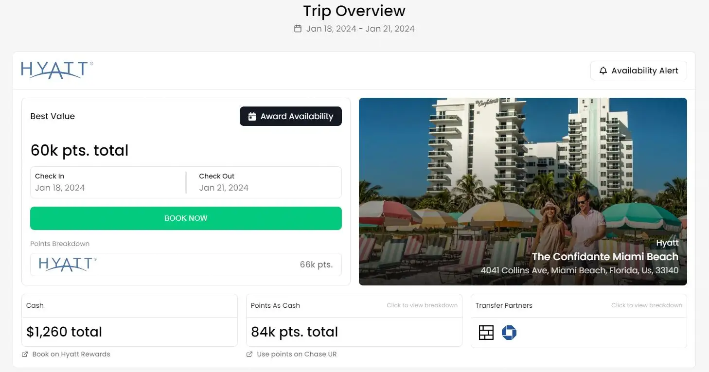 Captura de pantalla al lloc web d'Awayz d'una reserva potencial per a un hotel Hyatt a Miami, Florida, que mostra el desglossament de punts i diners en efectiu necessaris per a aquesta estada