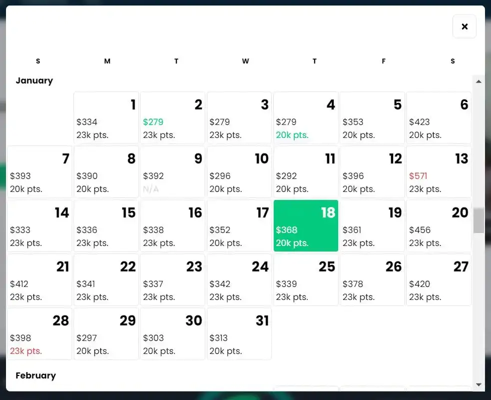 Kalender op de Awayz-website met de kosten in punten en contant geld voor elke nacht in een Hyatt-hotel in Miami, Florida