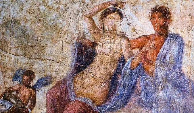 Een van de vele oude fresco's die bewaard zijn gebleven in Pompeii, Italië