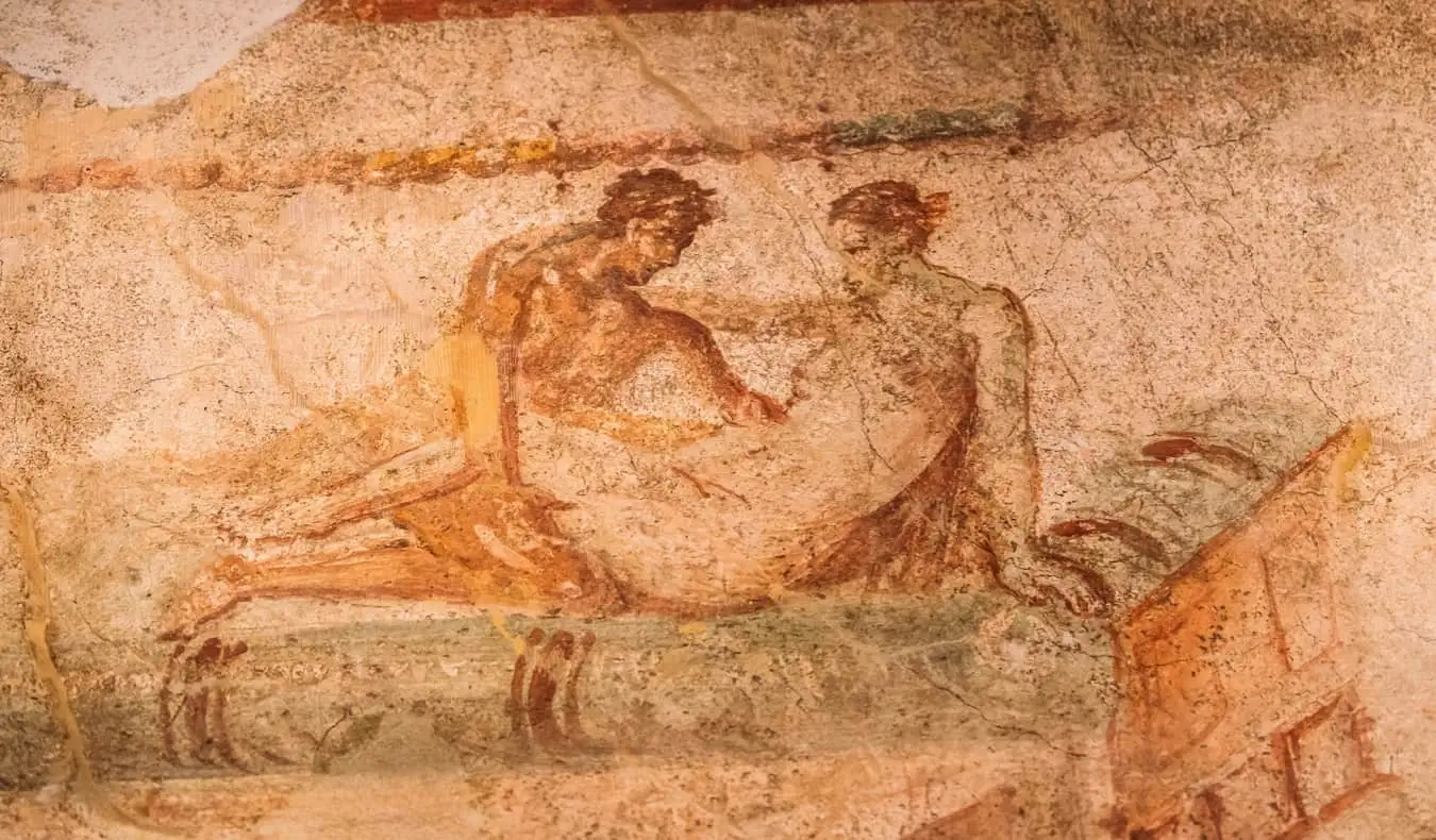 Oude seksuele fresco's uit een bordeel in Pompeii, Italië